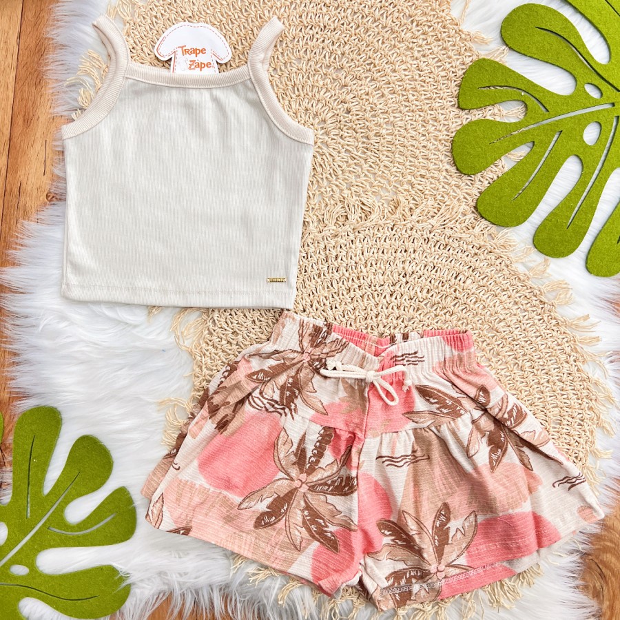 Conj. Regata Alcinha e Short Folhas Coqueiro - Areia e Rose